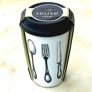 CIROA REUSE ME TRAVEL MUG UTENSILS SILICON LID COFFEE 10 OZ (SPOON FORK KNIFE)